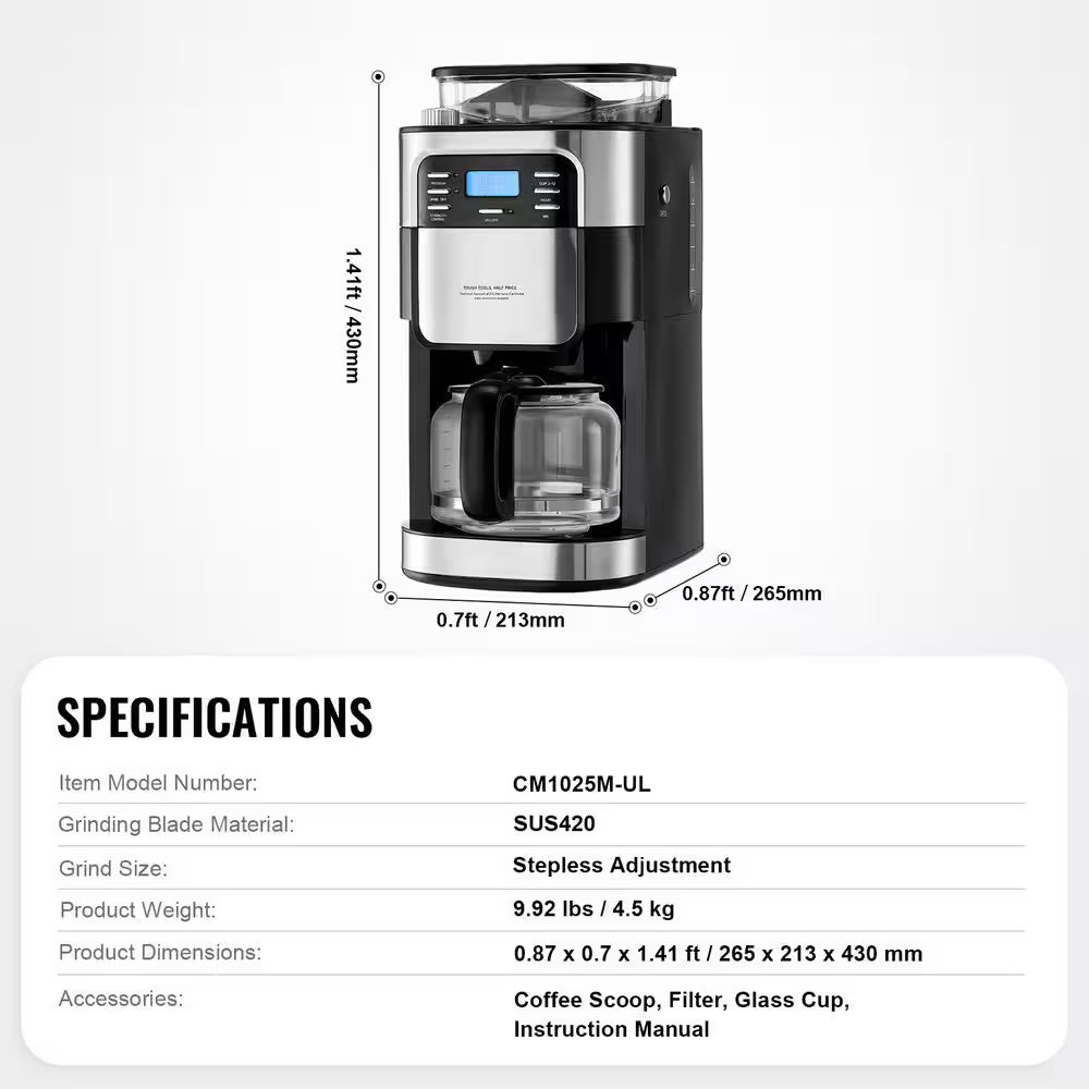 Coffee Maker with Grinder, 96 Oz. Black 12 Cup Burr Coffee Grinder, Built-In Timer Strength Control, 2025 Upgrade
