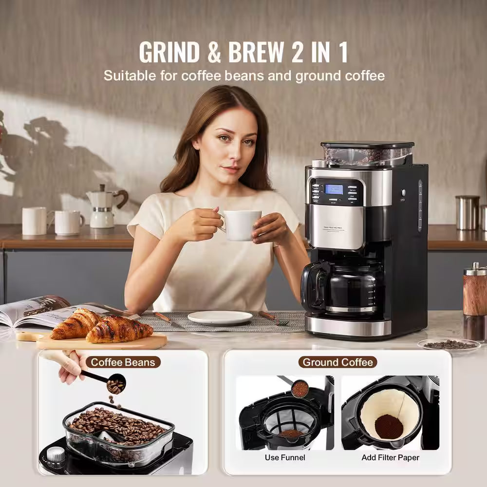 Coffee Maker with Grinder, 96 Oz. Black 12 Cup Burr Coffee Grinder, Built-In Timer Strength Control, 2025 Upgrade