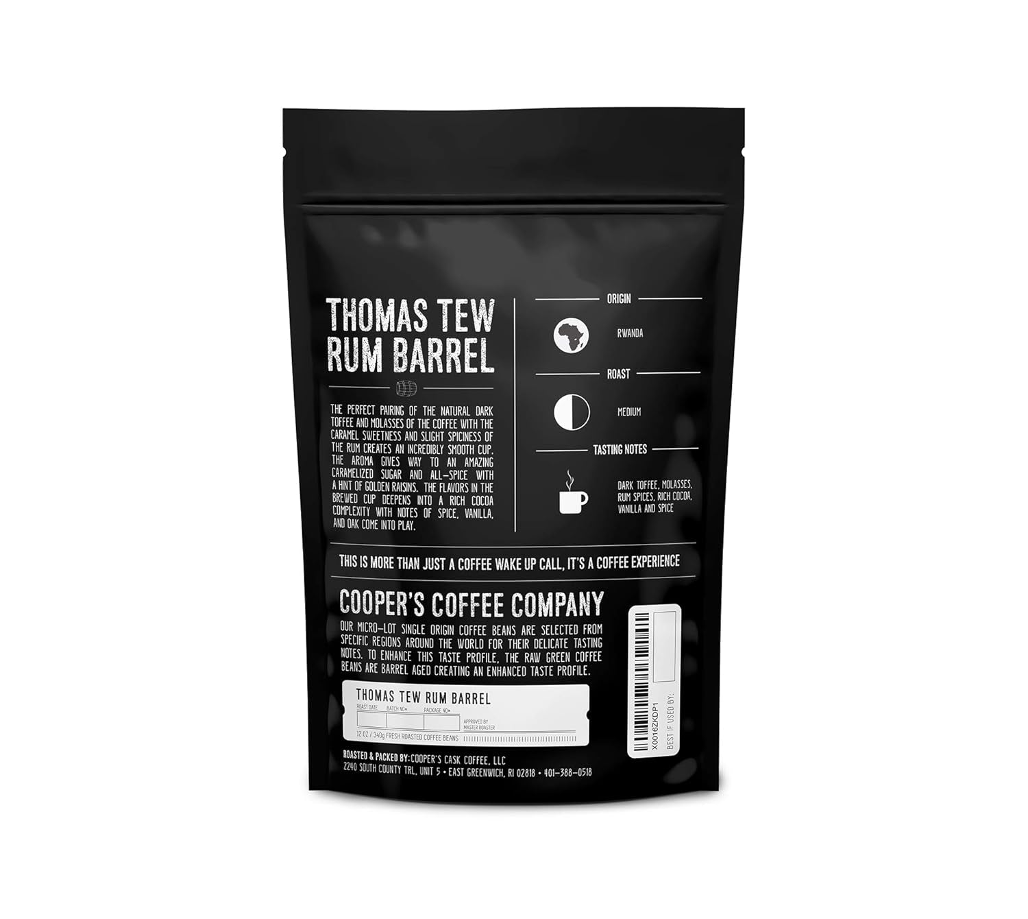 Rum Barrel Aged Coffee - Single Origin Rwanda Coffee Beans Aged in Thomas Tew RUM Barrels - 12 Oz Bags, Ground Coffee